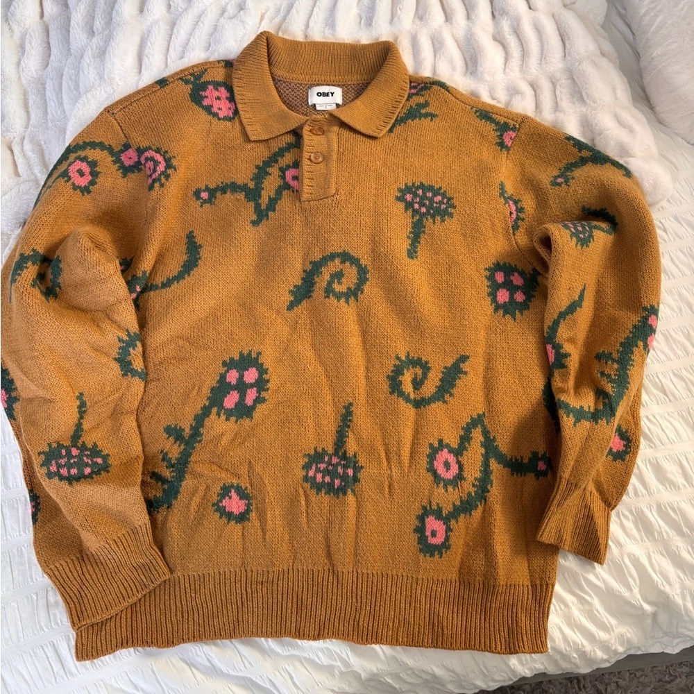Obey Men's Washer Sweater with Pink and Green Floral Pattern